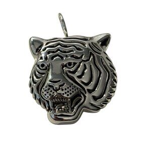 Tiger Pin Brooch Pendant Silver Tone Black Enamel Vintage‎ Signed Best Cat Charm